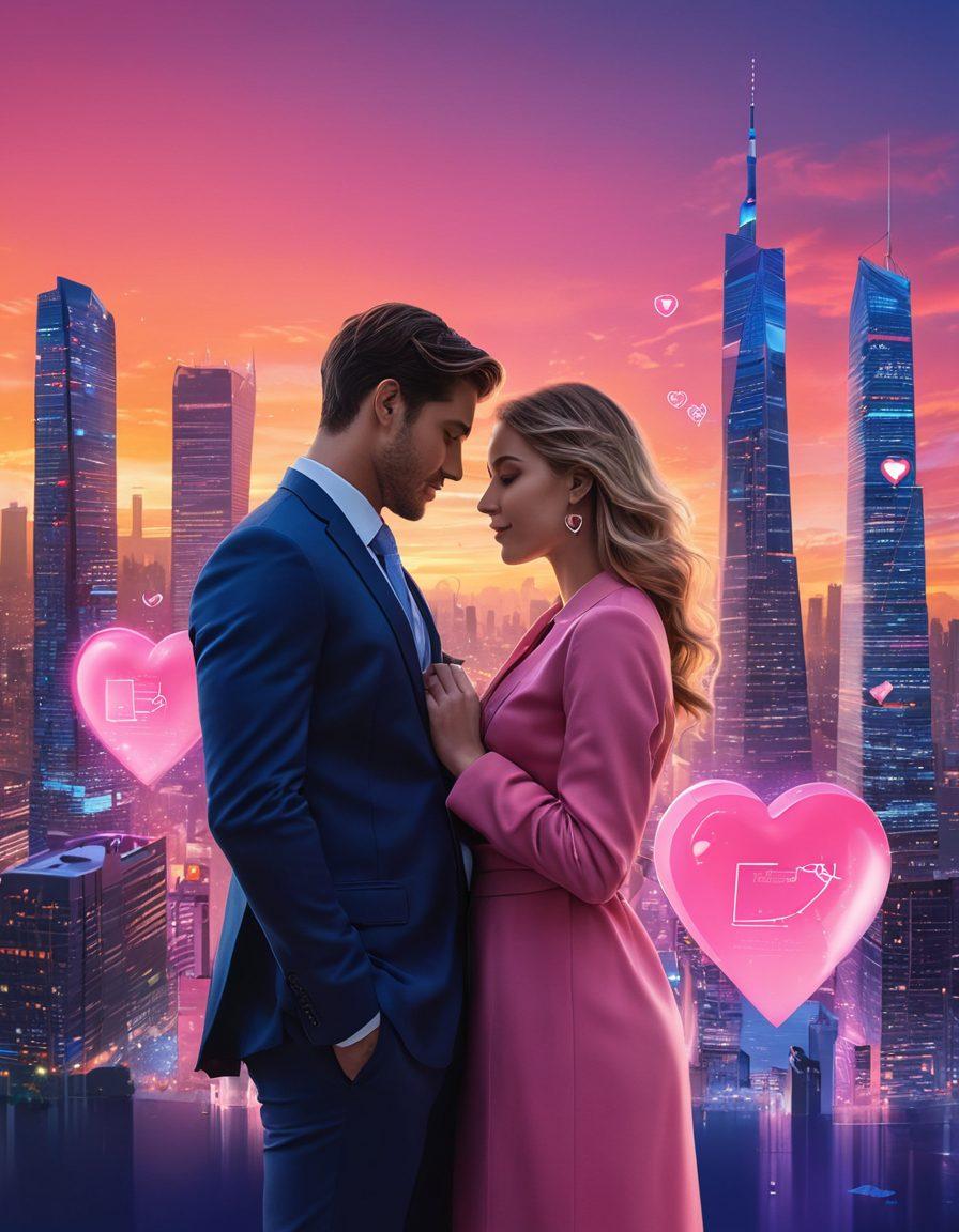 A modern couple sharing a loving moment, surrounded by digital elements like smartphones and floating insurance icons, symbolizing protection and security. The backdrop features a sleek city skyline blending with a warm sunset, highlighting the fusion of love and technology. Soft hues of pink and blue create a romantic atmosphere that conveys safety in a digital world. illustrative style, vibrant colors, modern aesthetic.