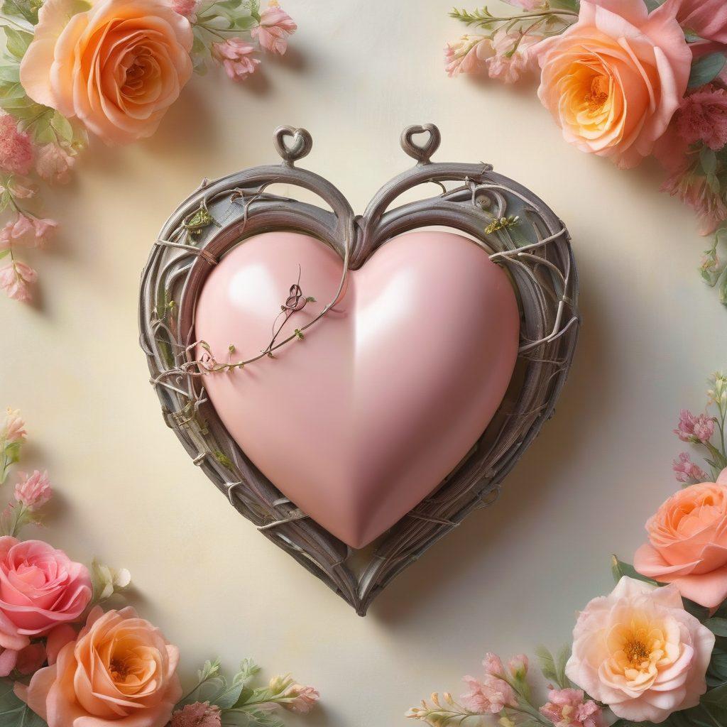 A heart entwined with a protective shield, symbolizing the union of love and insurance. Soft pastel colors create a warm atmosphere, with delicate floral elements surrounding the heart. Include subtle hints of people holding hands in the background, representing emotional connections. The overall tone should exude warmth and safety. super-realistic. vibrant colors. soft focus.