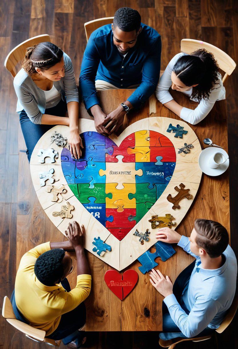 A warm scene depicting two diverse individuals, a man and a woman, sitting together at a table with a large puzzle piece in the center symbolizing 'insurance'. Around them, various images of heart symbols intertwined with gears and family icons are floating in the air, representing relationships and connections. Soft, natural lighting enhances the atmosphere of collaboration and trust. The background features a blurred cityscape, symbolizing the broader community. painting. vibrant colors.